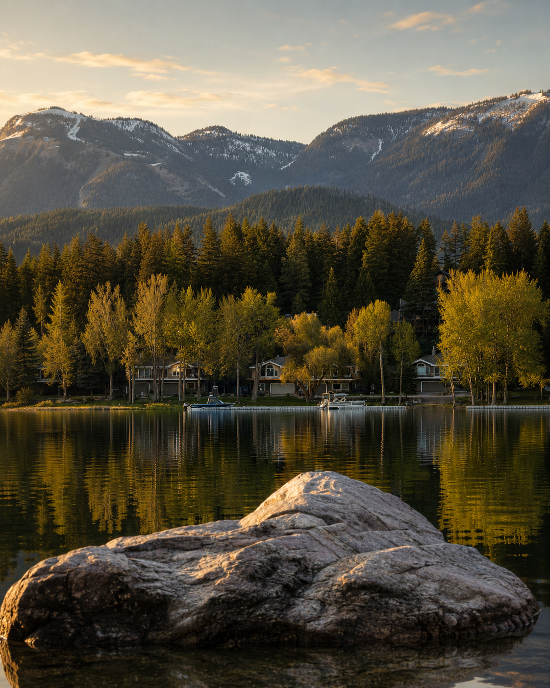 Warm evening light on Whitefish Lake, forested shoreline homes, and snow-streaked mountains